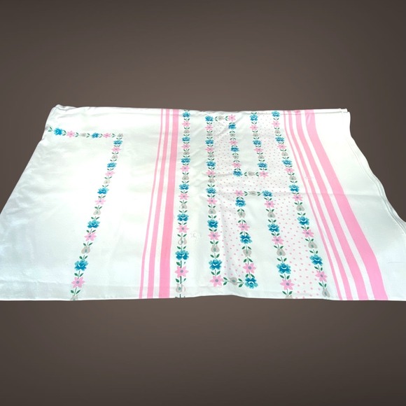 Other - Vintage Spring Easter Tablecloth 63x51‎ Pink Blue Floral Stripes Dots